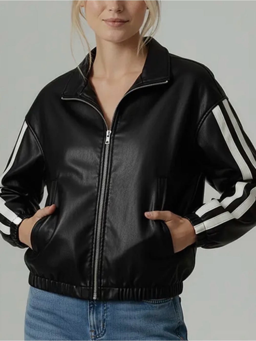 Women’s Black Faux Leather Color Block Zip Up Jacket